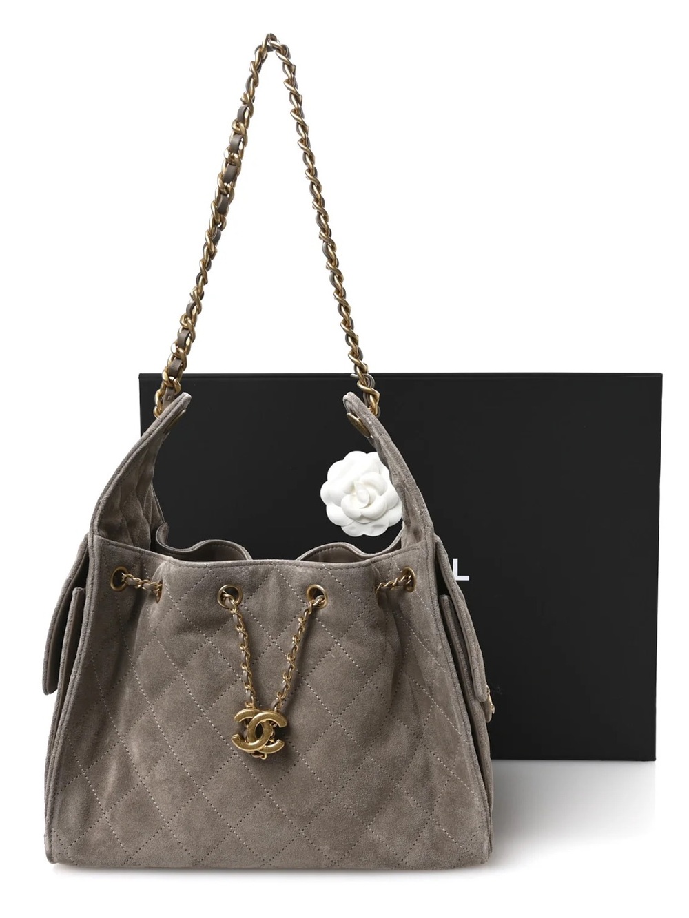 CHANEL Taupe Quilted Suede Drawstring Shoulder Bag with Gold Hardware